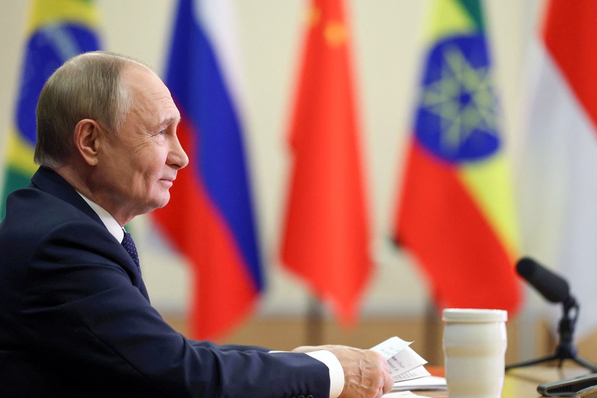 Russian President Vladimir Putin reacts during an online meeting with leaders of BRICS group of states in Sochi, Russia, September 8, 2025. Sputnik/Vyacheslav Prokofyev/Pool via REUTERS ATTENTION EDITORS - THIS IMAGE WAS PROVIDED BY A THIRD PARTY.