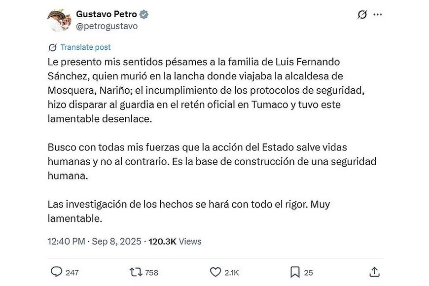 El tuit del presidente de Colombia, Gustavo Petro.