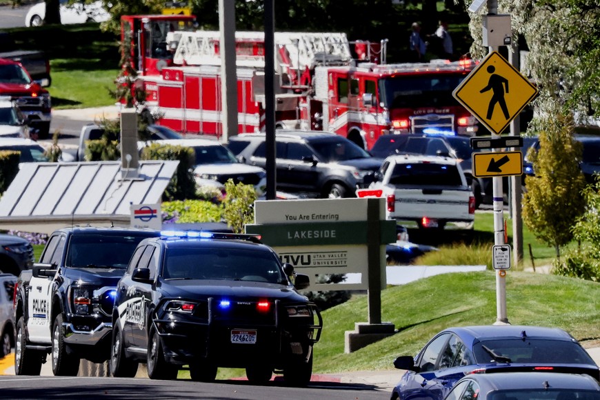 Police and first responders' vehicles appear at the scene where U.S. right-wing activist, commentator, Charlie Kirk, an ally of U.S. President Donald Trump, was shot during an event at Utah Valley University, in Orem, Utah, U.S. September 10, 2025.  REUTERS/Jim Urquhart