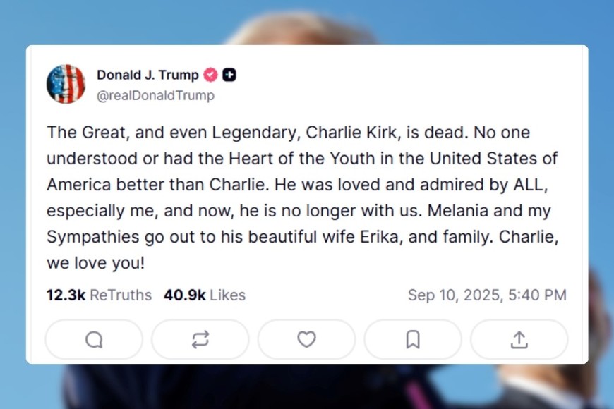El mensaje de Trump, confirmando la muerte de Kirk.