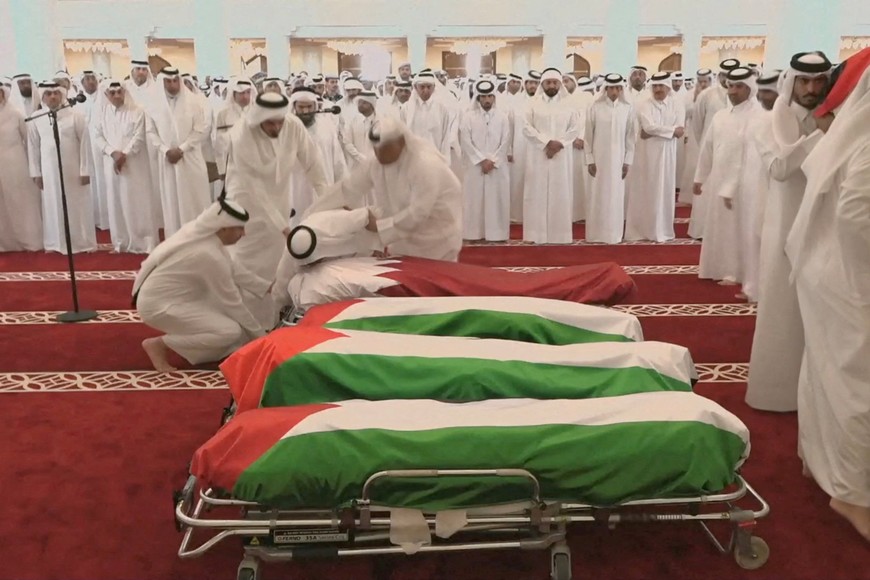 FILE PHOTO: People attend a funeral held for those killed by an Israeli attack in Doha, including Corporal Badr Saad Mohammed Al-Humaidi Al-Dosari, a member of the Internal Security Force, at the Sheikh Mohammed bin Abdul Wahhab Mosque in Doha, Qatar, September 11, 2025, in this screengrab obtained from a video feed. Qatar TV/Reuters TV via REUTERS. THIS IMAGE HAS BEEN SUPPLIED BY A THIRD PARTY/File Photo