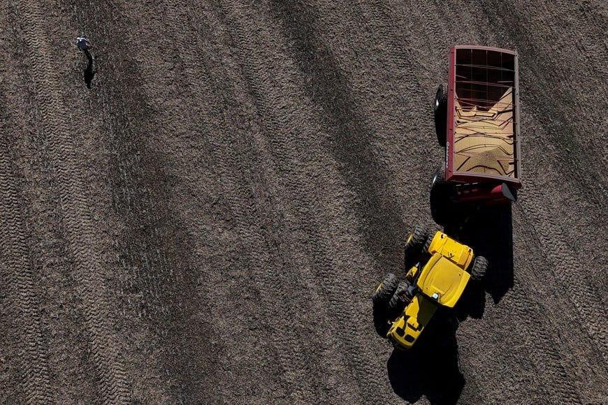 FILE PHOTO: A drone view shows a harvester working in a soybean plantation in San Andres de Giles, on the outskirts of Buenos Aires, Argentina, May 12, 2025. REUTERS/Martin Cossarini/File Photo