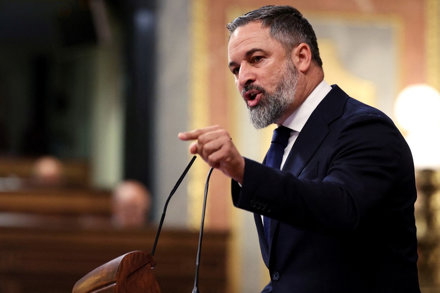 Spain's far-right party Vox leader Santiago Abascal addresses Spain's Prime Minister Pedro Sanchez (not pictured) after Sanchez spoke on "alleged corruption probe involving the Spanish Socialist Party (PSOE), at the Parliament in Madrid, Spain, July 9, 2025. REUTERS/Violeta Santos Moura