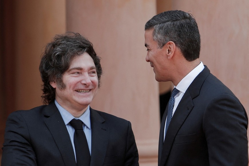 Argentina's President Javier Milei and his Paraguayan counterpart Santiago Pena react on the day of a meeting, in Asuncion, Paraguay April 9, 2025. REUTERS/Cesar Olmedo