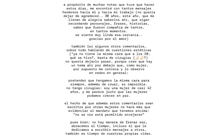 El descargo de la actriz en sus rede sociales.