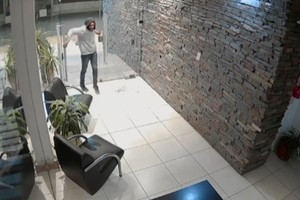 El ladrón quedó grabado mientras forzaba la puerta blíndex del edificio céntrico.