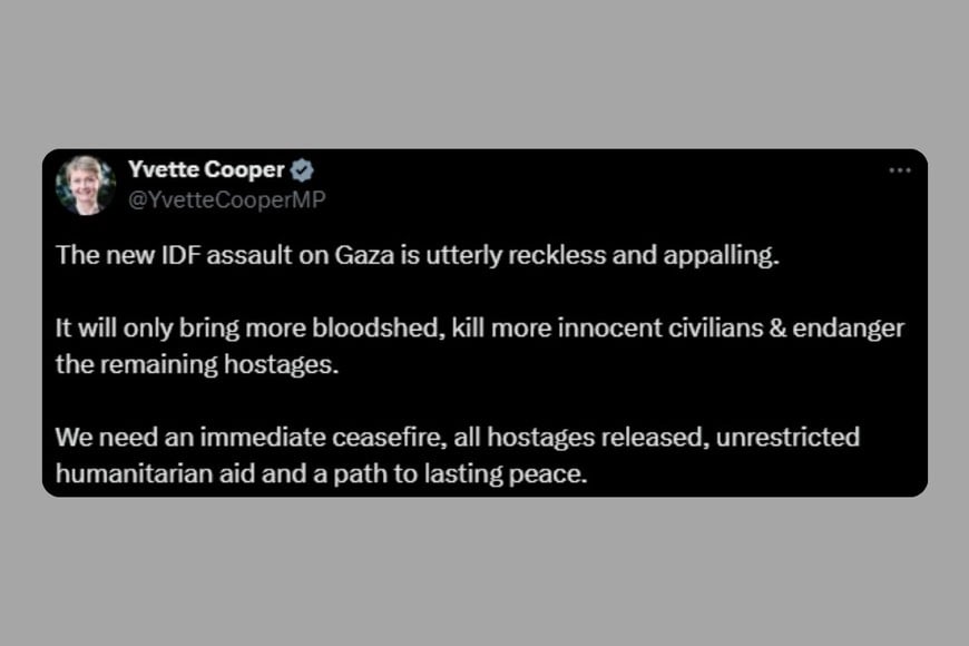 El mensaje de Yvette Cooper en X.