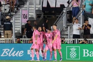 Sep 16, 2025; Fort Lauderdale, Florida, USA; Inter Miami CF forward Lionel Messi (10) celebrates with defender Jordi Alba (18) and forward Tadeo Allende (21) after scoring against the Seattle Sounders during the first half at Chase Stadium. Mandatory Credit: Sam Navarro-Imagn Images