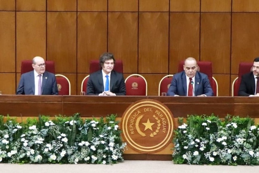 Javier Milei este miércoles en el Congreso Nacional de Paraguay.
