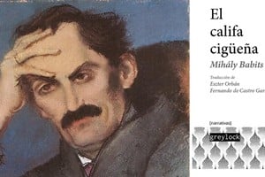 Retrato de Mihály Babits y la tapa de la versión en español de "El Califa Cigüena".