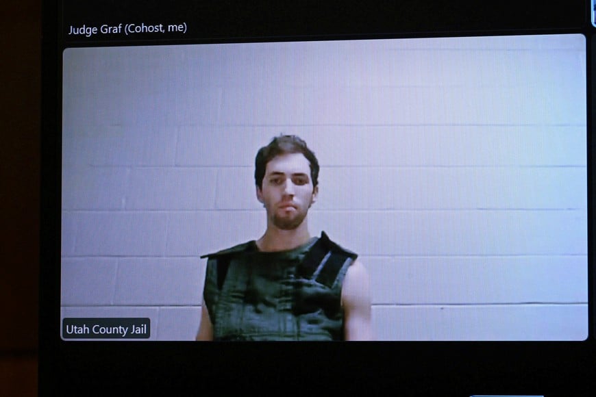 Tyler Robinson, 22, the suspect in the shooting death of Charlie Kirk, appears by camera before 4th District Court Judge Tony Graf on Tuesday, Sept. 16, 2025, for his initial court appearance in Provo, Utah.   Scott G Winterton/Pool via REUTERS