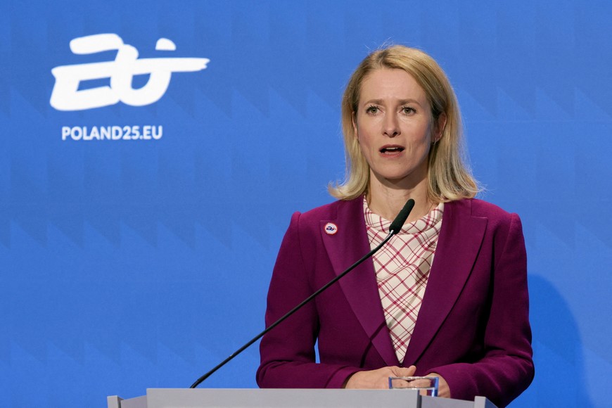 European Union High Representative for Foreign Affairs and Security Policy Kaja Kallas attends a joint press conference with Poland's Foreign Affairs Minister Radoslaw Sikorski (not pictured) at the EU Foreign Ministers informal meeting in Gymnich format, in Warsaw, Poland, May 8, 2025. Dawid Zuchowicz/Agencja Wyborcza.pl via REUTERS ATTENTION EDITORS - THIS IMAGE WAS PROVIDED BY A THIRD PARTY. POLAND OUT. NO COMMERCIAL OR EDITORIAL SALES IN POLAND.
