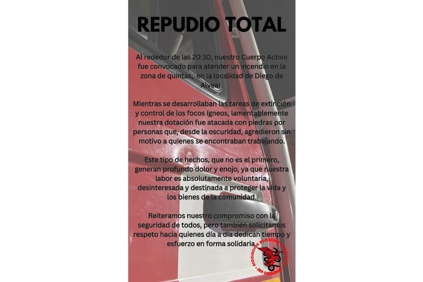 El comunicado de los Bomberos de San Gregorio.