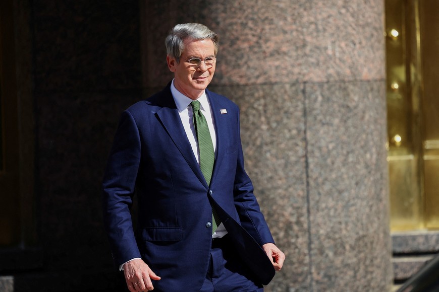 U.S. Secretary of the Treasury Scott Bessent leaves the Economy Ministry building, days after Argentine President Javier Milei’s administration sealed a new loan deal with the IMF, in Buenos Aires, Argentina April 14, 2025. REUTERS/Agustin Marcarian