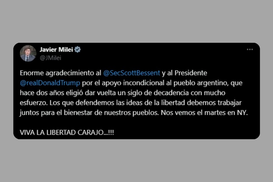 La publicación de Javier Milei en X.