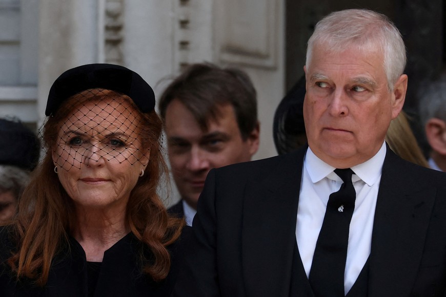 Britain's Prince Andrew and his former wife, Sarah Ferguson, Duchess of York, leave Westminster Cathedral at the end of the Requiem Mass, on the day of the funeral of Britain's Katharine, Duchess of Kent, in London, Britain, September 16, 2025. REUTERS/Toby Melville