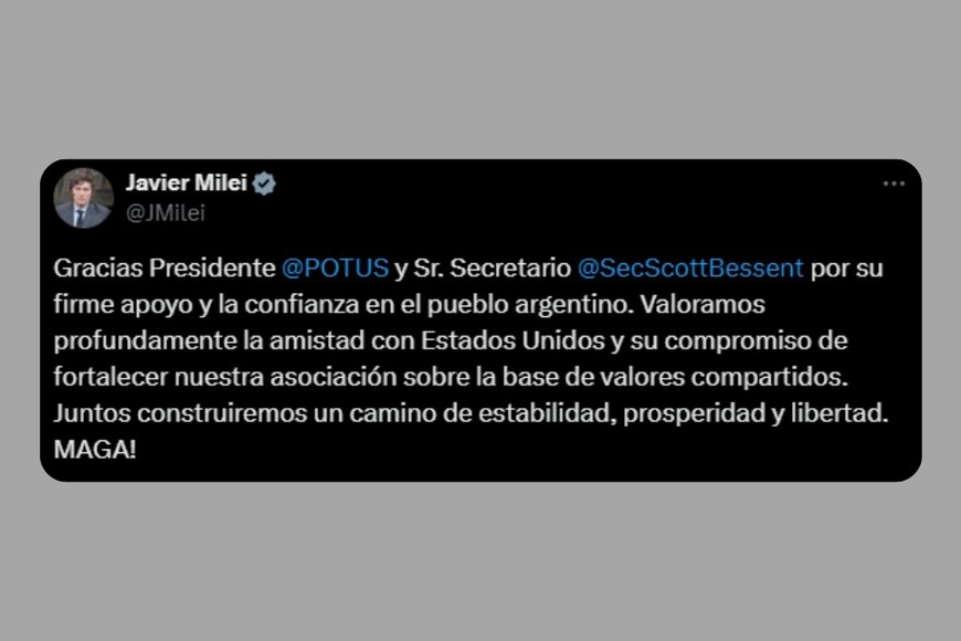 La publicación de Milei en X.