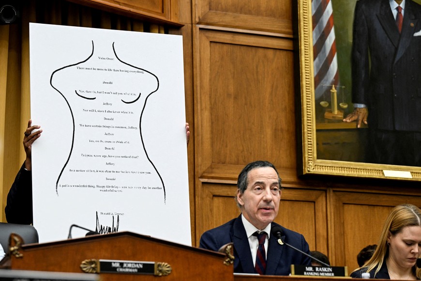 A birthday letter that U.S. President Donald Trump allegedly wrote to disgraced financier Jeffrey Epstein more than 20 years ago is displayed while Representative Jamie Raskin (D-MD) speaks during a House Judiciary Committee hearing with FBI Director Kash Patel (not pictured), on Capitol Hill in Washington, D.C., U.S., September 17, 2025. REUTERS/Annabelle Gordon

     TPX IMAGES OF THE DAY