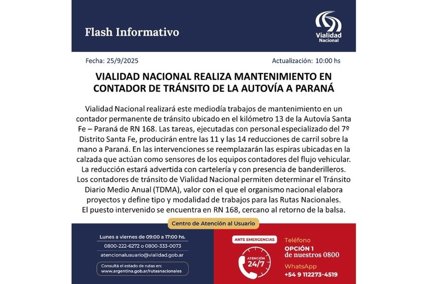 El comunicado oficial de Vialidad Nacional.