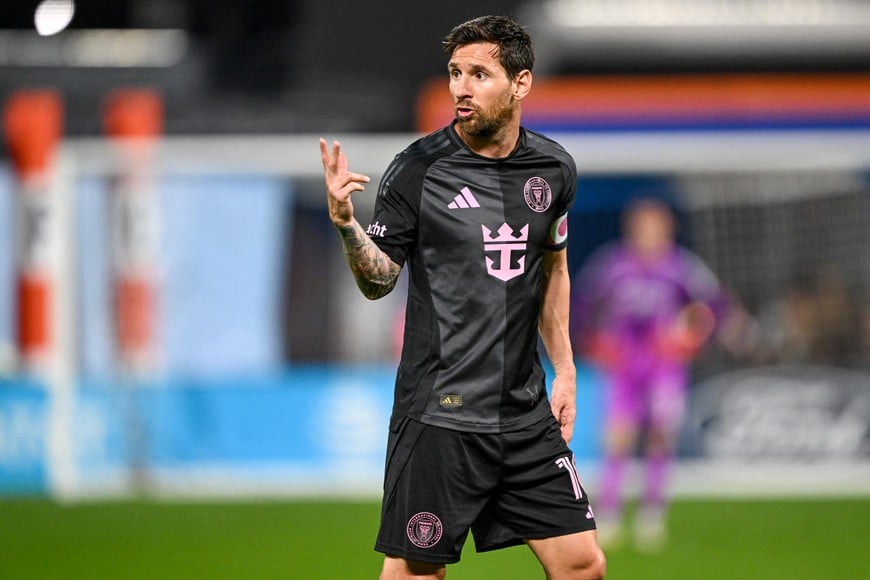 Sep 24, 2025; New York, NY, New York, NY, USA; Inter Miami forward Lionel Messi (10) reacts during the first half against New York City at Citi Field. Mandatory Credit: Mark Smith-Imagn Images