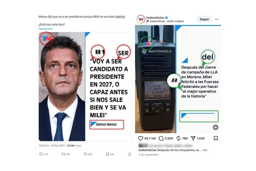 Comparación entre una captura de pantalla de la placa viral en X (I) y una gráfica de Todo Noticias en Instagram, hecha el 24 de septiembre de 2025