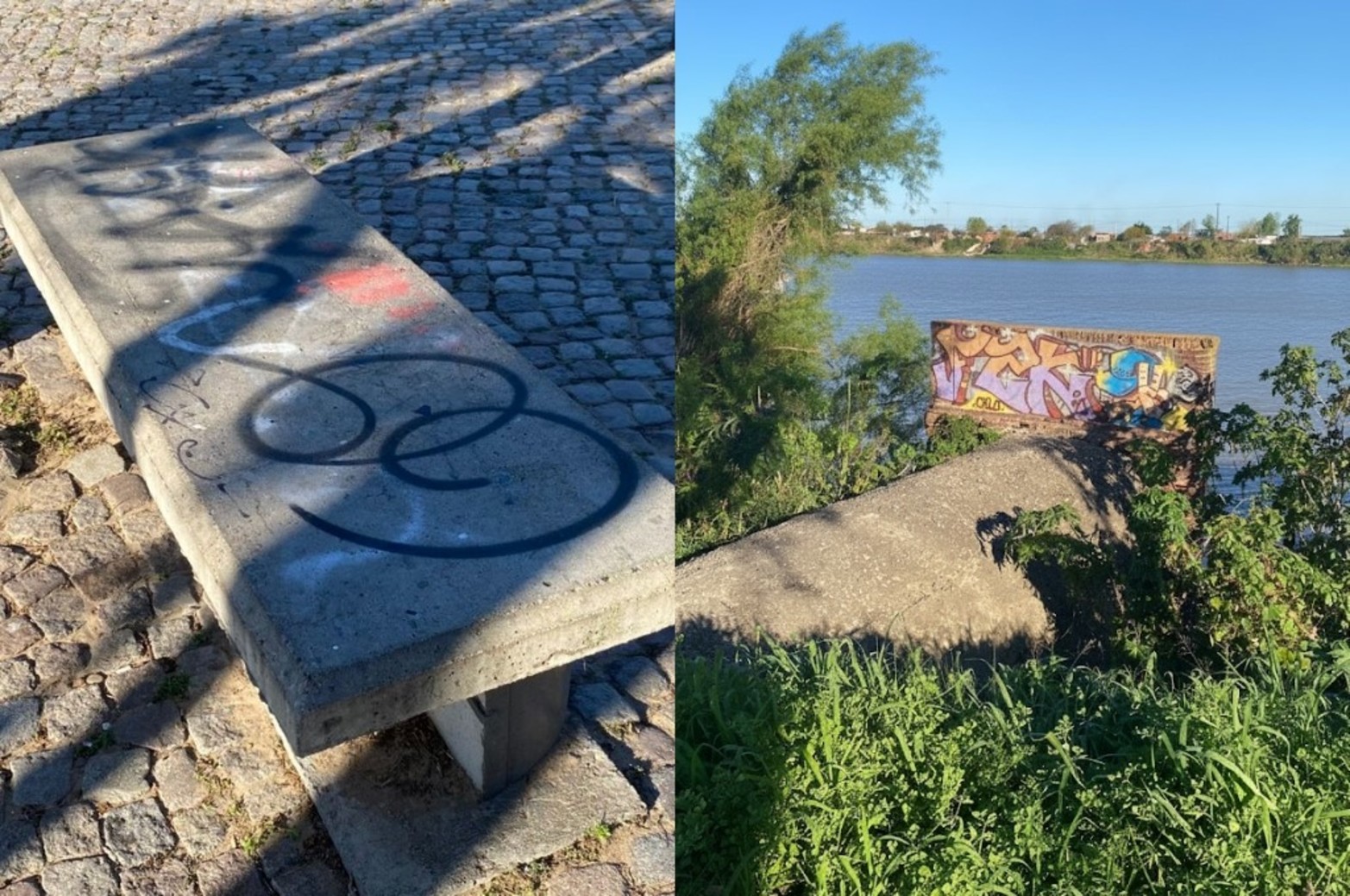 Banco intervenido y viejo muelle grafiteado: descanso con identidad urbana.