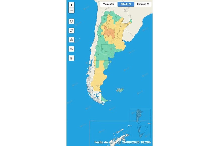 El alerta rige para la jornada del sábado 27 de septiembre. Fuente: SMN