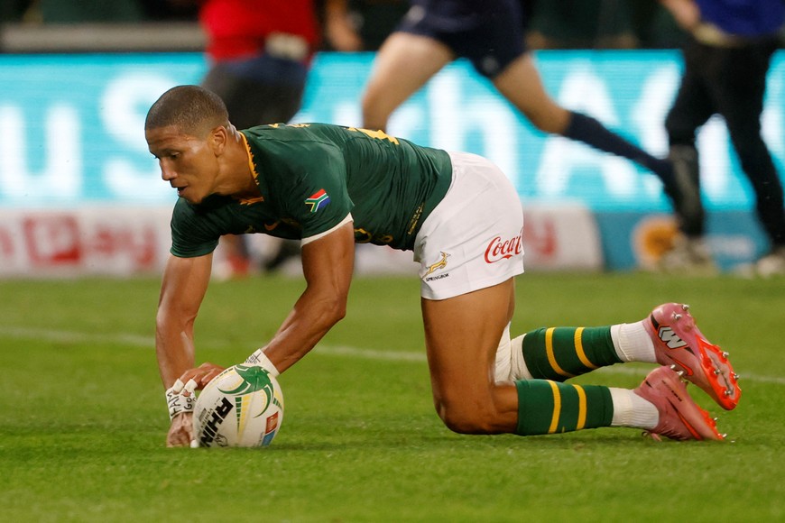 Rugby Union - Rugby Championship - South Africa v Argentina - Kings Park Stadium, Durban, South Africa - September 27, 2025
South Africa's Manie Libbok scores their eighth try REUTERS/Rogan Ward