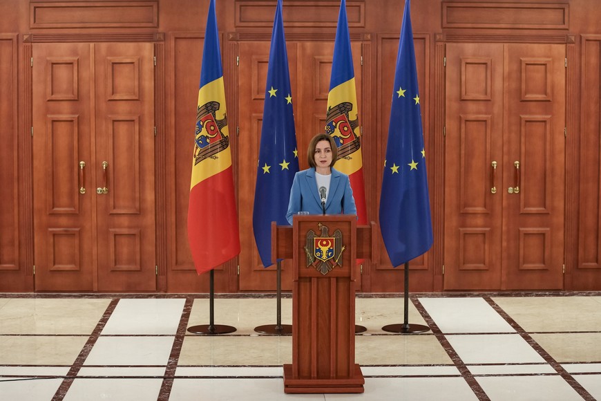 Moldovan President Maia Sandu attends a press conference following the announcement of parliamentary elections results, in Chisinau, Moldova September 29, 2025. REUTERS/Vladislav Culiomza