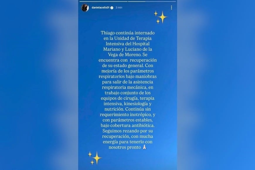 Thiago Medina está en terapia intensiva, pero ya sin respirador mecánico.