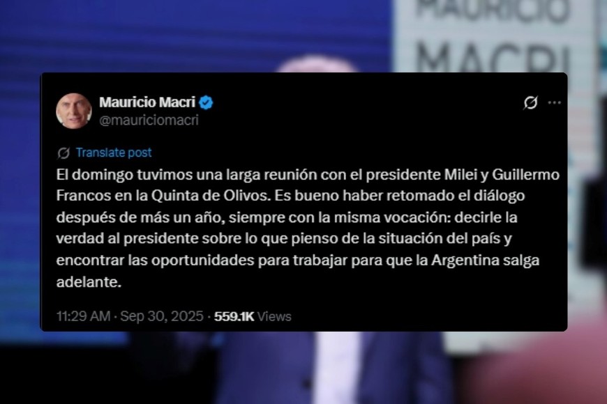 La reunión en Olivos se extendió por casi tres horas y fue confirmada por Macri en X.