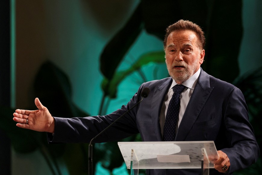 Arnold Schwarzenegger speaks during a three-day international conference "Raising Hope for Climate Justice" in Castel Gandolfo, near Rome, Italy, October 1, 2025. REUTERS/Yara Nardi