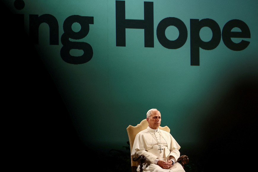 Pope Leo attends a three-day international conference "Raising Hope for Climate Justice" in Castel Gandolfo, near Rome, Italy, October 1, 2025. REUTERS/Yara Nardi