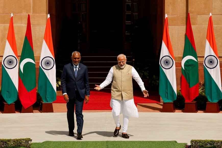 Maldives' President Mohamed Muizzu meets with Indian Prime Minister Narendra Modi at Hyderabad House, New Delhi, India, October 7, 2024. REUTERS/Adnan Abidi     TPX IMAGES OF THE DAY