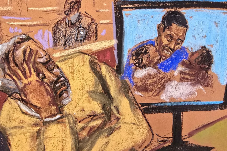 Sean "Diddy" Combs becomes emotional as his children as babies are shown on a screen during a court sentencing, after the music mogul was convicted on charges of transporting prostitutes to engage in drug-fueled sexual performances, in New York City, U.S., October 3, 2025 in this courtroom sketch. REUTERS/Jane Rosenberg