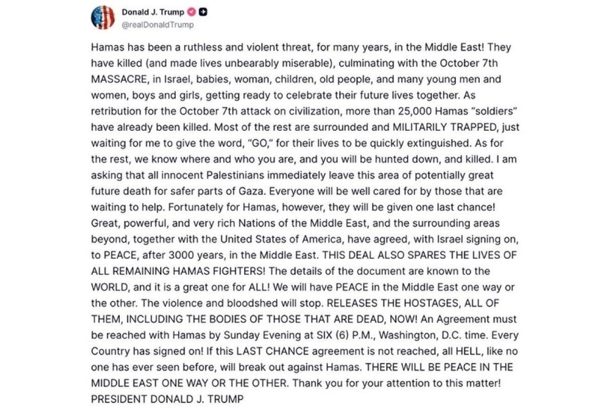 El mensaje de Trump en Truth Social.