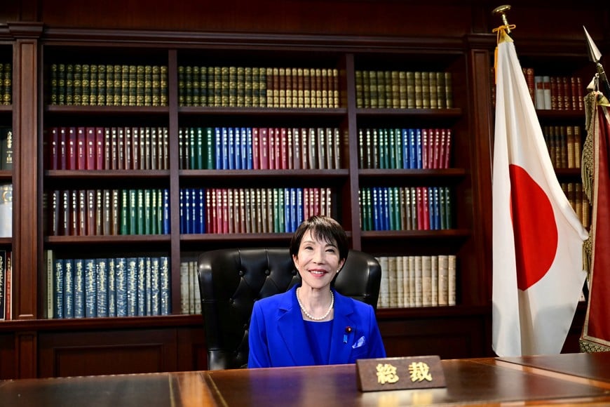 Sanae Takaichi, the newly elected leader of Japan's ruling Liberal Democratic Party (LDP), poses in the party leader's office after the LDP leadership election in Tokyo, Japan, October 4, 2025. Conservative Sanae Takaichi hailed a "new era" on October 4 after winning the leadership of Japan's ruling party, putting her on course to become the country's first woman prime minister. Yuichi Yamazaki/Pool via REUTERS