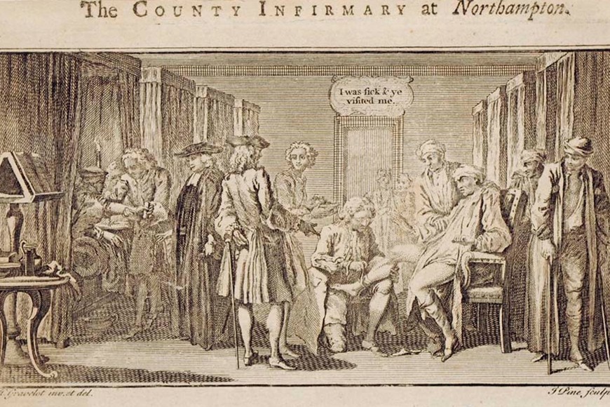 Este grabado muestra cómo era una sala y cómo se hacían las consultas en lo que más tarde sería el Hospital General de Northampton (Gran Bretaña). Publicado el 29 de marzo de 1744. Imagen digitalizada, el original se conserva en los archivos del dicho hospital.