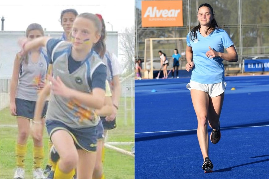 Pasó el tiempo y cambió el piso, pero el amor sigue intacto. Stefi a los 10 años, cuando comenzó a jugar en el césped natural de El Quillá; y a los 25, sobre el sintético del club que la convirtió en "Tiburona".  Foto: Manuel Fabatía