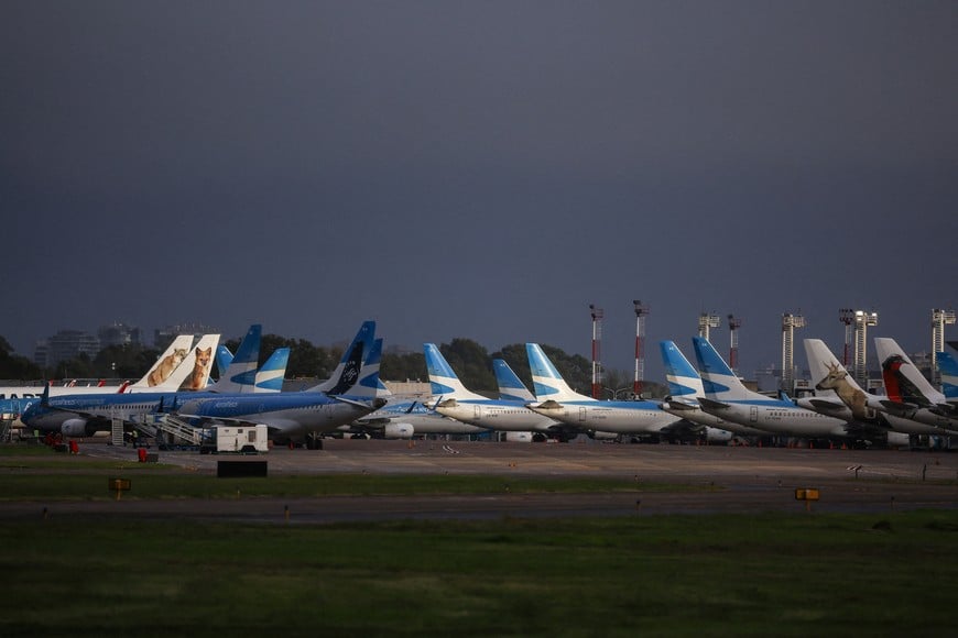 Parked aircrafts are seen at Aeroparque Jorge Newbery airport, on the day of a 24-hour general strike against the adjustment policy of Argentinian President Javier Milei's government, in Buenos Aires, Argentina April 10, 2025. REUTERS/Agustin Marcarian