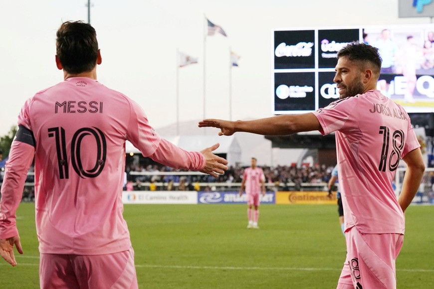 May 14, 2025; San Jose, California, USA; Inter Miami CF forward Lionel Messi (10) just misses a shot on goal and is commended by Inter Miami CF defender Jordi Alba (18) in the first half against the San Jose Earthquakers at PayPal Park. Mandatory Credit: David Gonzales-Imagn Images