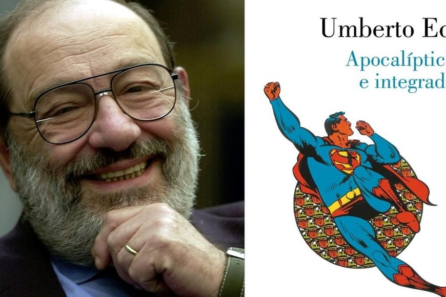 Umberto Eco (1932-2016), junto a la clásica imagen de la portada de una de las múltiples ediciones de "Apocalípticos e integrados", ensayo publicado por primera vez en italiano en 1964 y luego traducido a casi cincuenta idiomas.