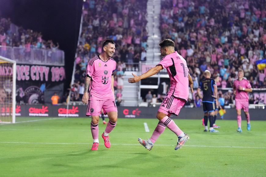 Sep 14, 2024; Fort Lauderdale, Florida, USA; Inter Miami forward Lionel Messi (10) celebrates a goal with defender Jordi Alba (18) in the first half against the Philadelphia Union at Chase Stadium. Mandatory Credit: Rich Storry-Imagn Images