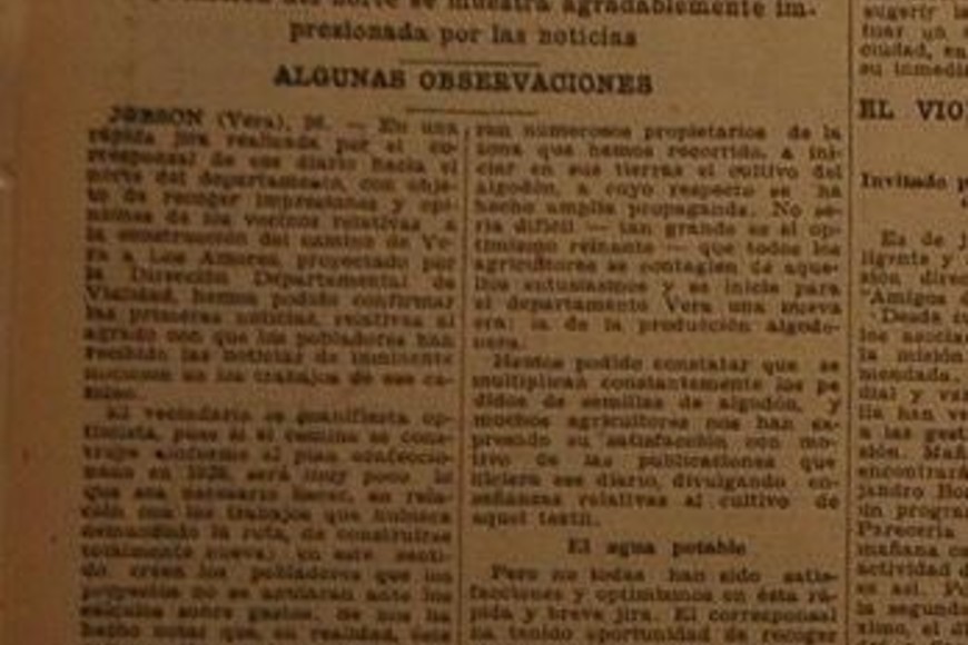 Recorte con la crónica de El Litoral de hace noventa años. El mismo anhelo, una imperiosa necesidad.