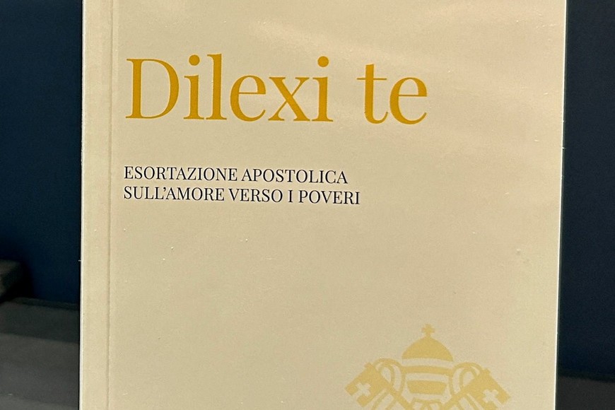 A copy of Pope Leo XIV's apostolic exhortation "Dilexi te" (I have loved you), at the Vatican, October 9, 2025. REUTERS/Joshua McElwee