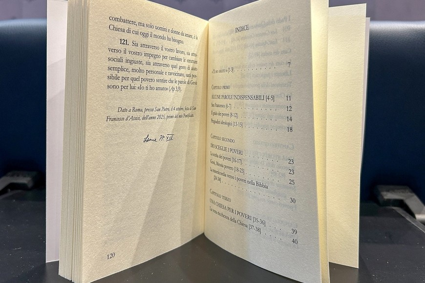 A copy of Pope Leo XIV's apostolic exhortation "Dilexi te" (I have loved you), at the Vatican, October 9, 2025. REUTERS/Joshua McElwee