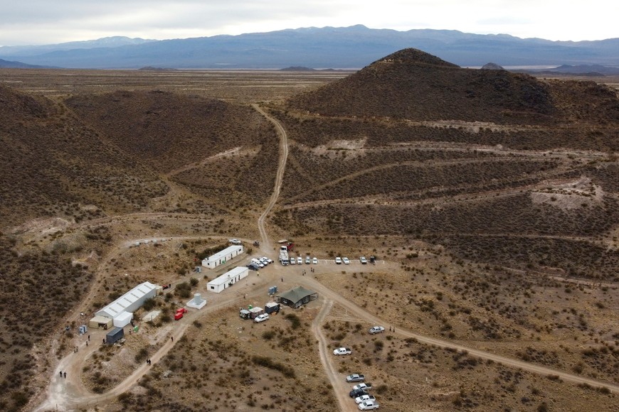 A drone view shows the site of the PSJ Cobre Mendocino mining project where a public hearing was taking place for a planned copper mine, near the Chilean border, in Uspallata, Mendoza, Argentina August 2, 2025. REUTERS/Ramiro Gomez   MINERIA COBRE MINA MENDOZA