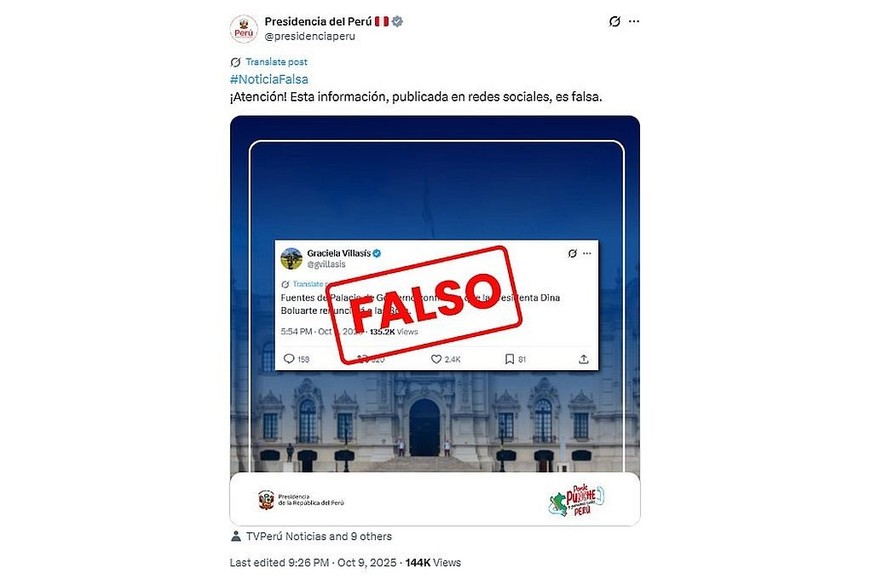 La publicación de la Presidencia peruana en X.