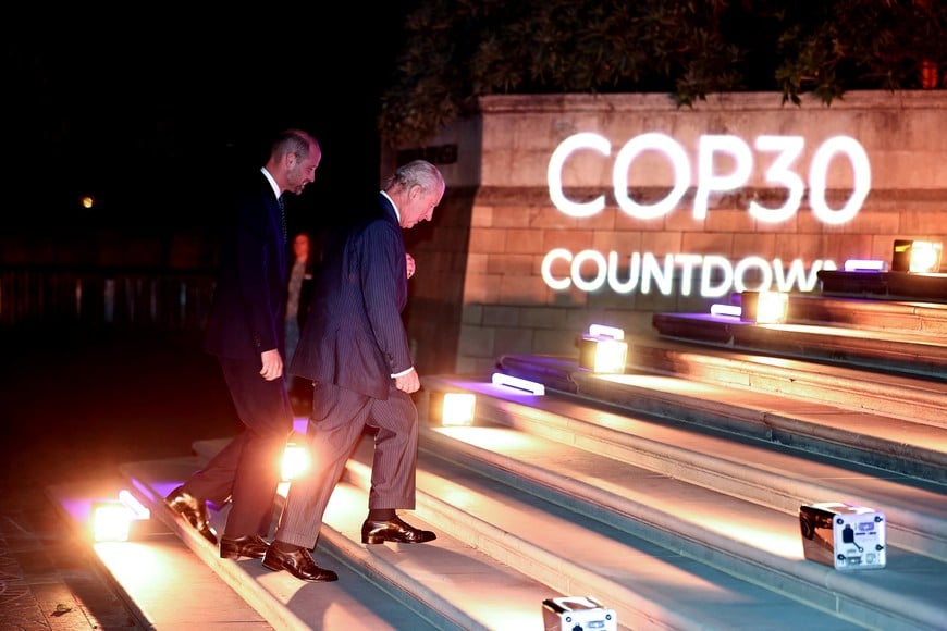 Britain's King Charles III and Britain's Prince William, Prince of Wales arrive to attend the event 'Countdown to COP30: mobilising action for climate and nature' at the Natural History Museum in London, Britain, October 9, 2025.  Henry Nicholls/Pool via REUTERS?