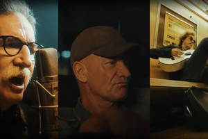 Charly al micrófono y andando en taxi, como así también Sting, y Miller tocando en el subte, en el videoclip dirigido por Belén Asad. Fotos: Captura de pantalla
